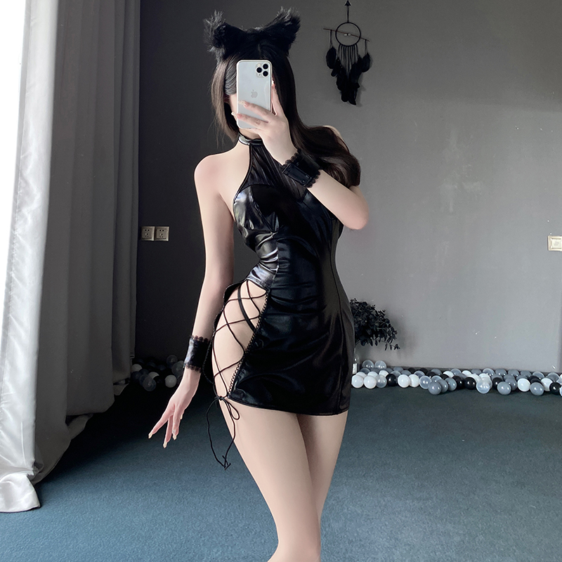 性感纯欲紧身绑带开叉连衣裙套装