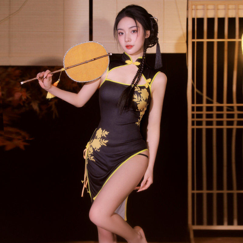 慕容燕~性感开叉印花露背古风旗袍连衣裙女纯欲绑带民国风cos制服