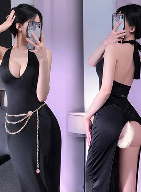 蜜臀蜜语~性感法式名媛深V露臀露出任务心机连衣裙开叉短裙套装女