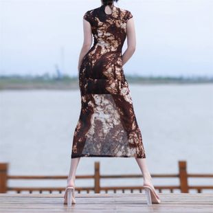 新露出任务心机拉伸透视连衣裙性感修身显瘦包臀旗袍中长裙夜行女