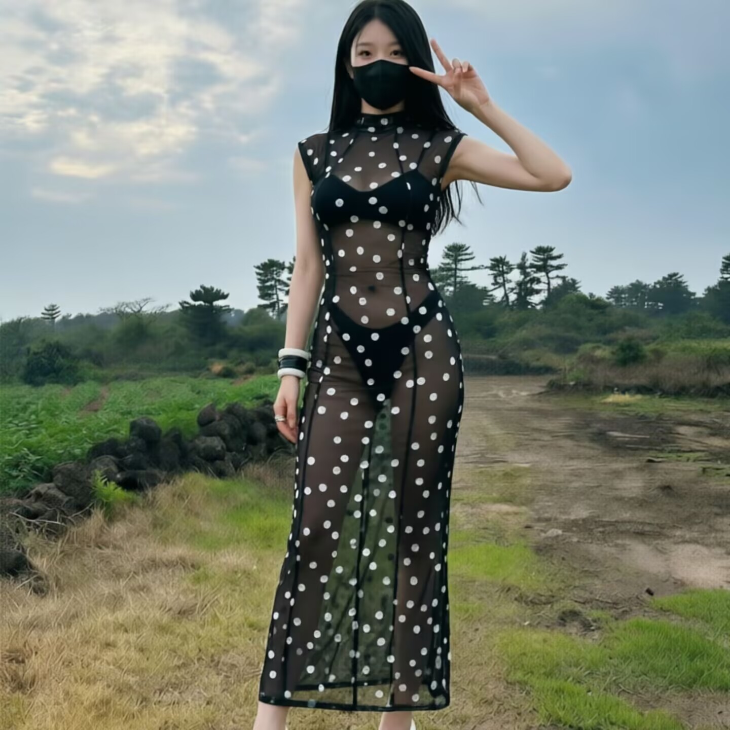 性感波点透视修身连衣裙长裙女新图片