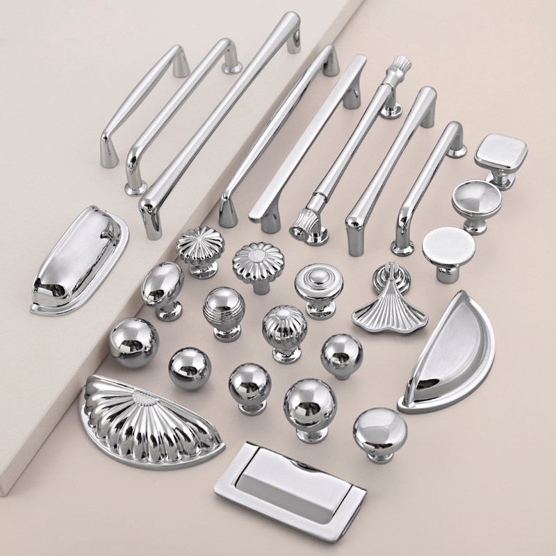 亮银色衣柜门拉手橱柜抽屉现代简约把手亮铬闪银实木柜子法式手柄