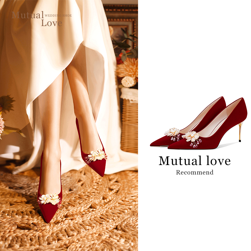 空气棉高跟婚鞋女法式花朵敬酒鞋