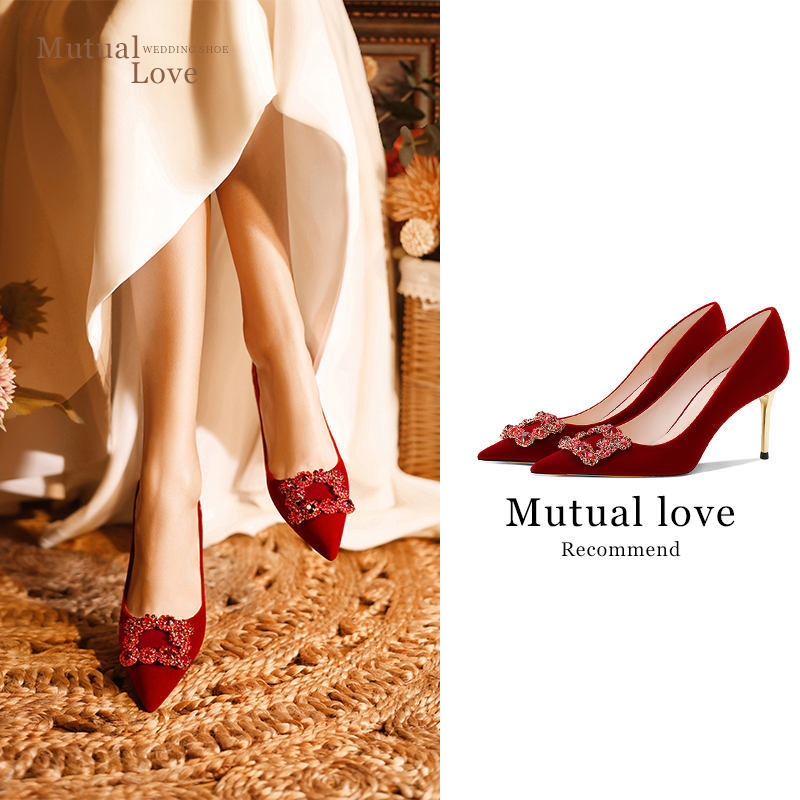 空气棉丝绒婚鞋女红色婚宴新娘鞋