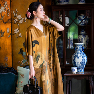 真丝重缎香云纱仕女图印花新中式 夏季 连衣裙 一城风絮 纸畔风吟
