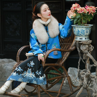 青芜蓝雪丨一城风絮丨秋冬复古提花对襟元宝领夹棉上衣保暖短外套