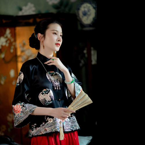 江鹤晚情丨一城风絮丨黑色绣花民国风鹤穗八团吉服裙褂女上衣