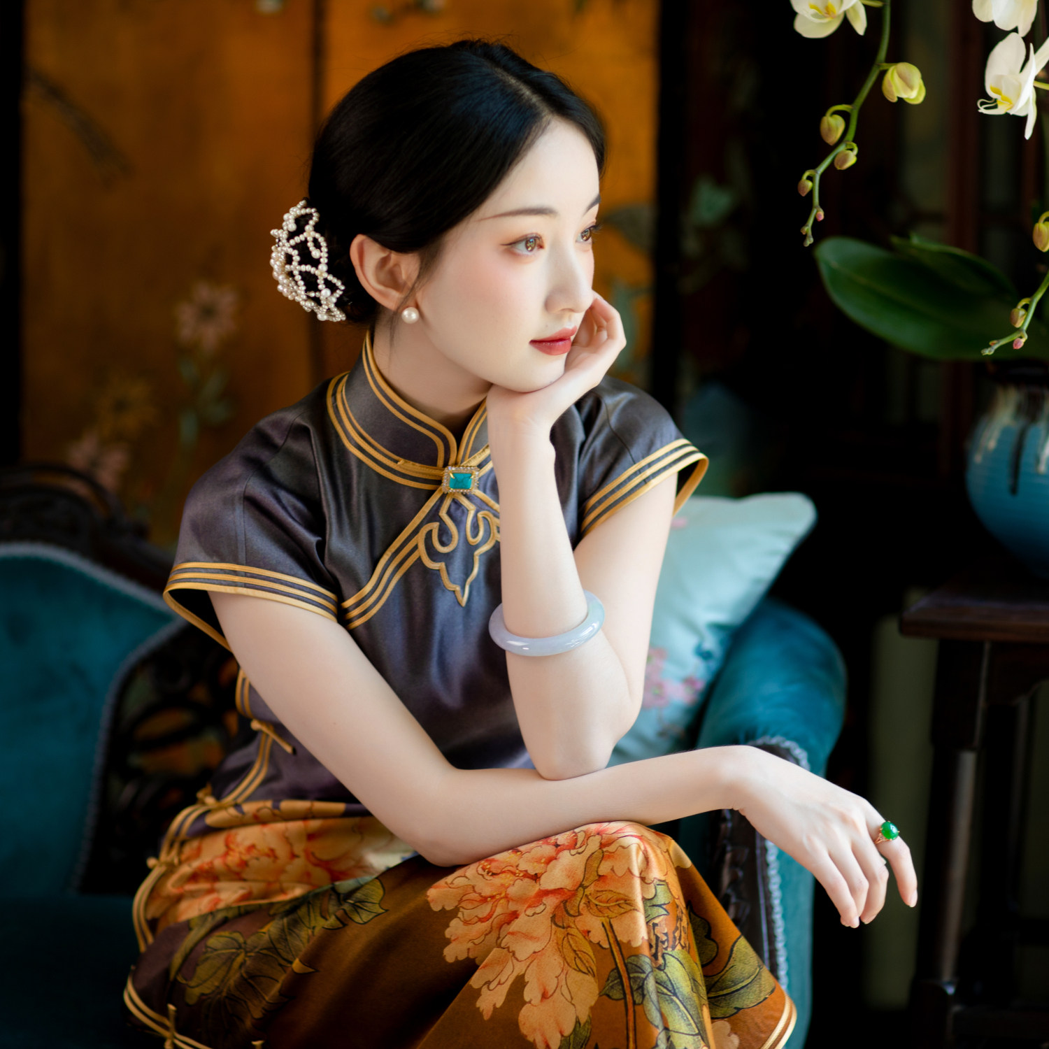 醉赏洛城丨一城风絮丨真丝重缎香云纱三角襟印花小盖袖旗袍女