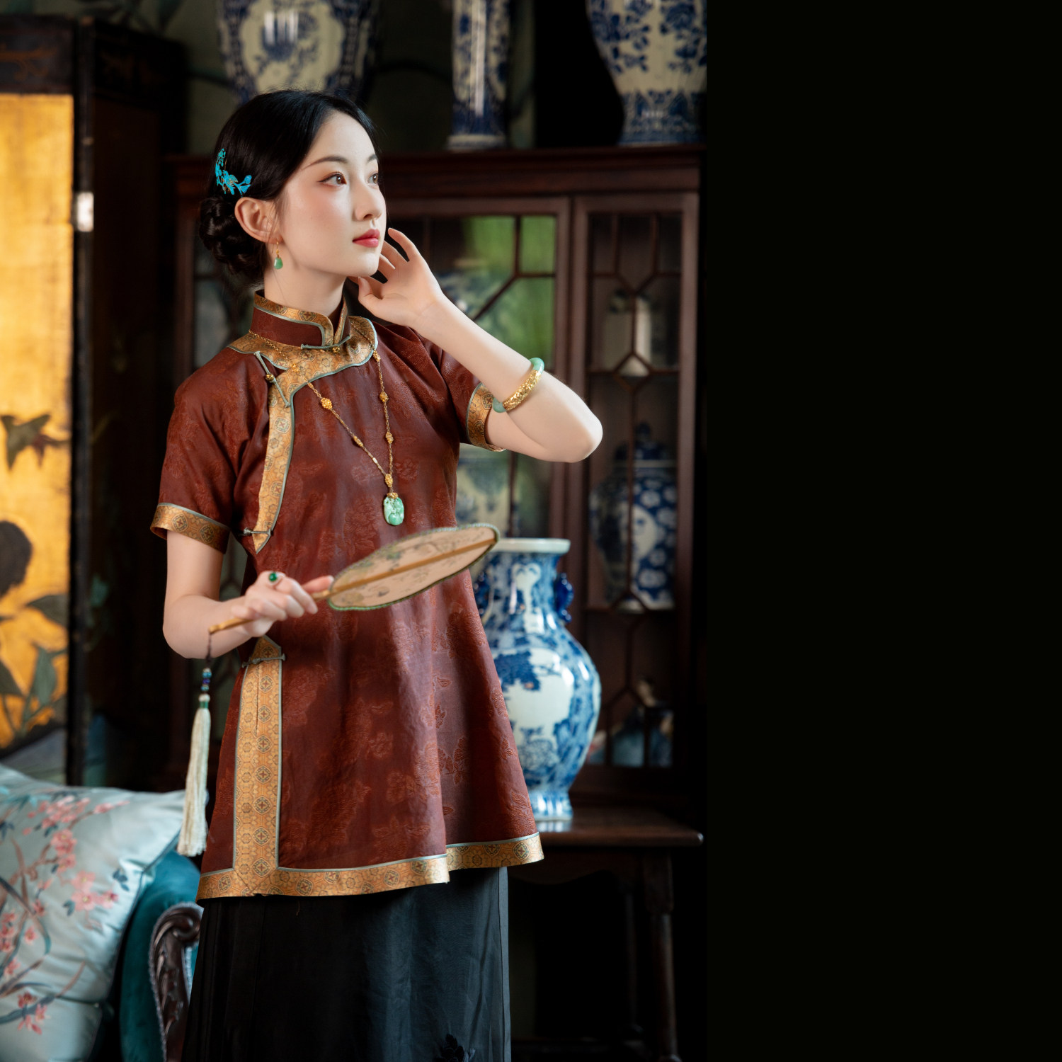 绮罗秋颜丨一城风絮丨真丝红云纱复古民国风中式短袖上衣小衫