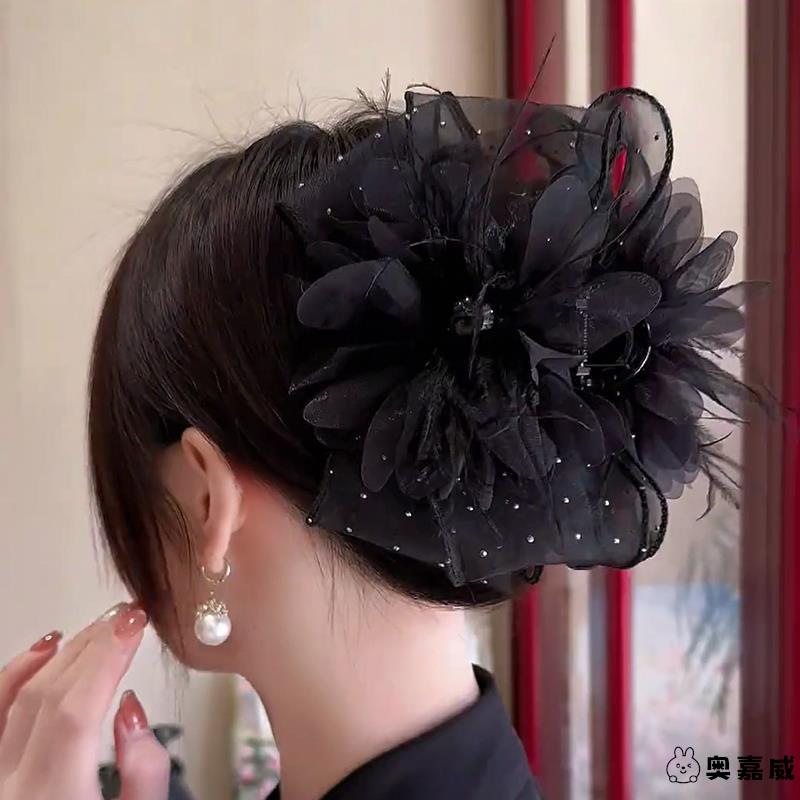满天星大花羽毛抓夹夸张增发量发夹高级感鲨鱼夹大号头花卡子发饰