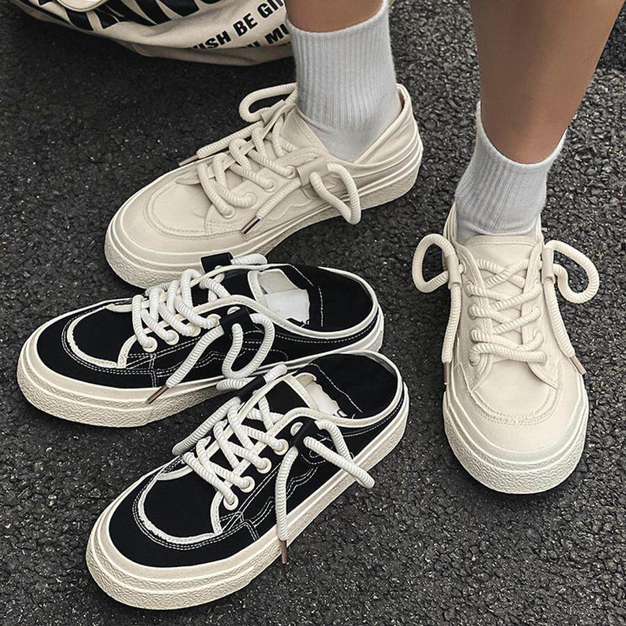 低帮帆布鞋男款板鞋男鞋小众半托一脚蹬懒人鞋半拖可踩后跟两穿鞋