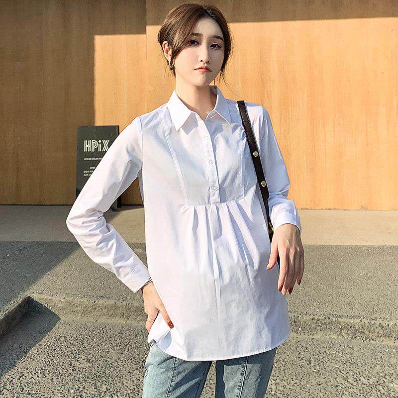 孕妇翻领短袖工装衬衫白色职业装宽松上衣夏季中长款春秋工作衬衣