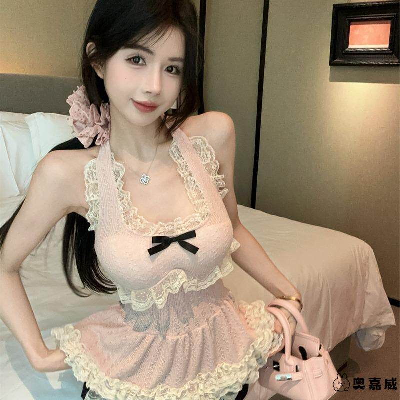 粉色荷叶边蕾丝挂脖吊带背心女秋季纯欲公主甜美抹胸上衣泰式绝美