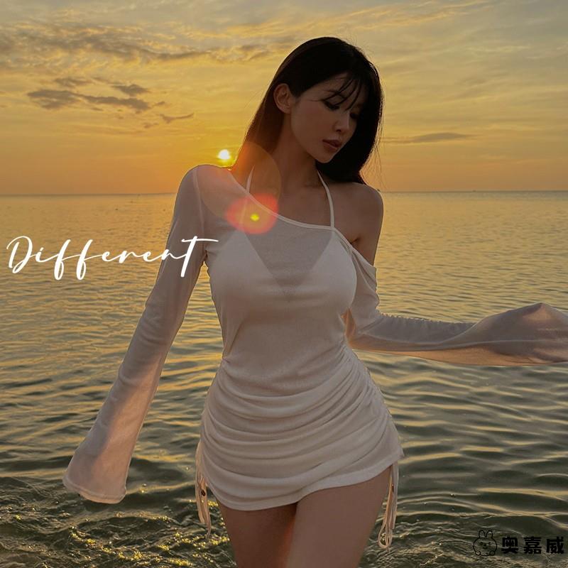 欧美2025新款泳衣女士高级感纯色防晒比基尼三件套带罩衫海边度假