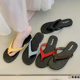 平底凉拖鞋女秋外穿新款法式仙女黑色人字拖百搭夹脚趾凉鞋沙滩鞋