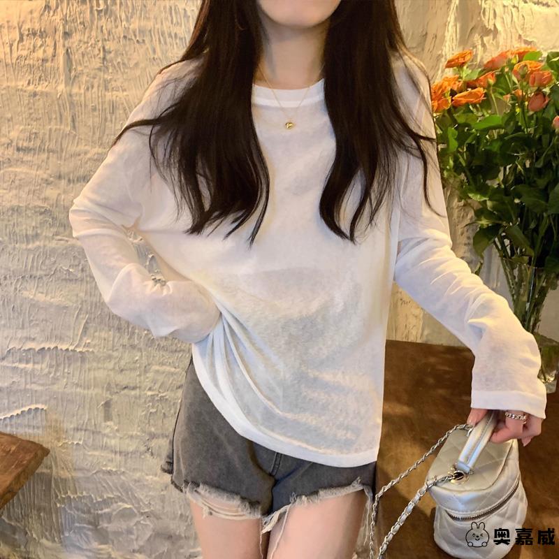 防晒罩衫女中长款黄色圆领冰丝长袖t恤夏季宽松慵懒松弛薄纱上衣