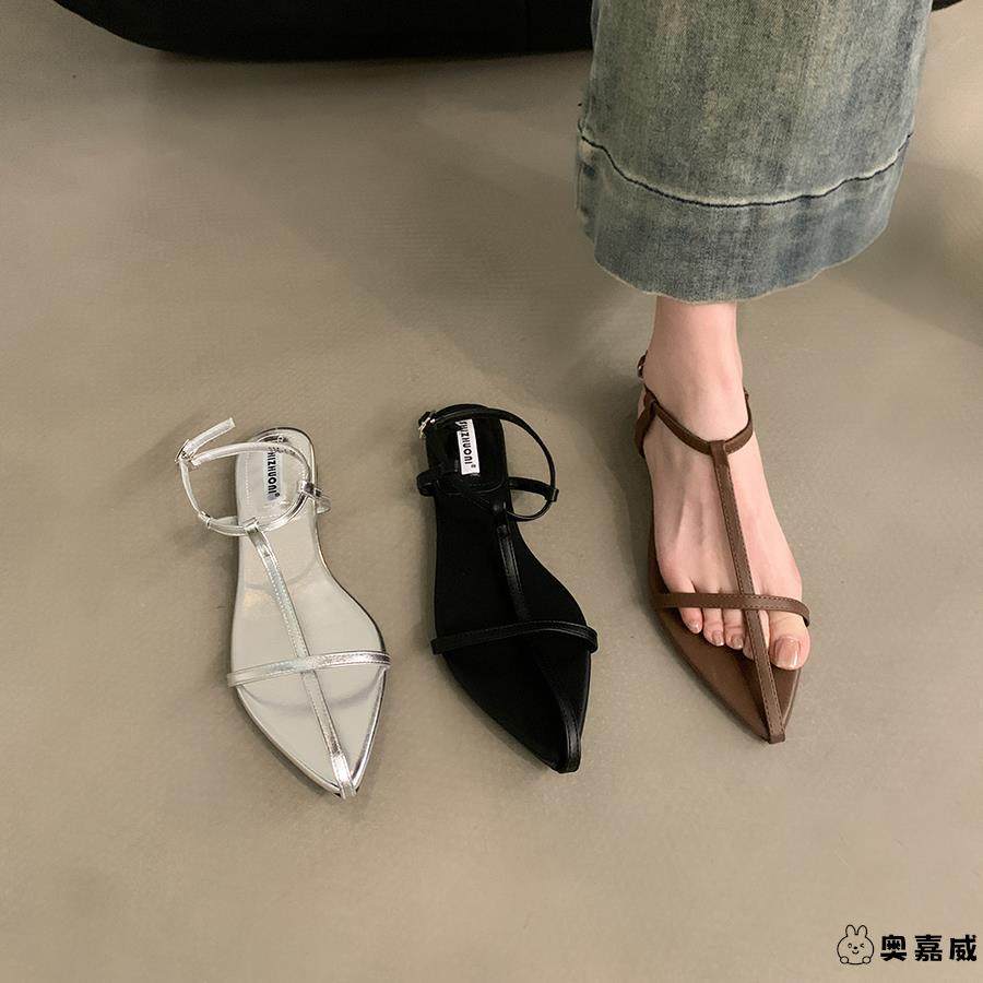 小众平底黑色凉鞋仙女鞋子2025新款秋季法式绝美配裙子细带罗马鞋