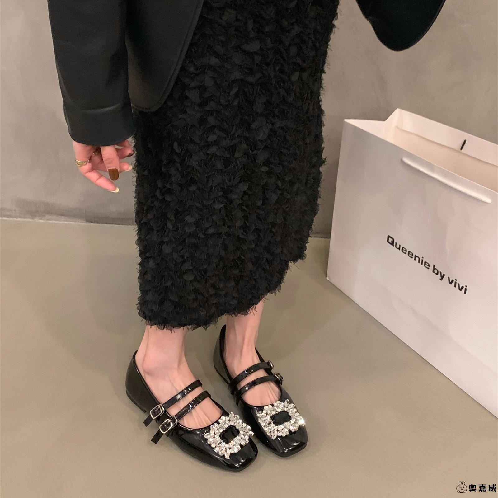 法式平底黑色方头水钻晚晚单鞋女鞋子2025新