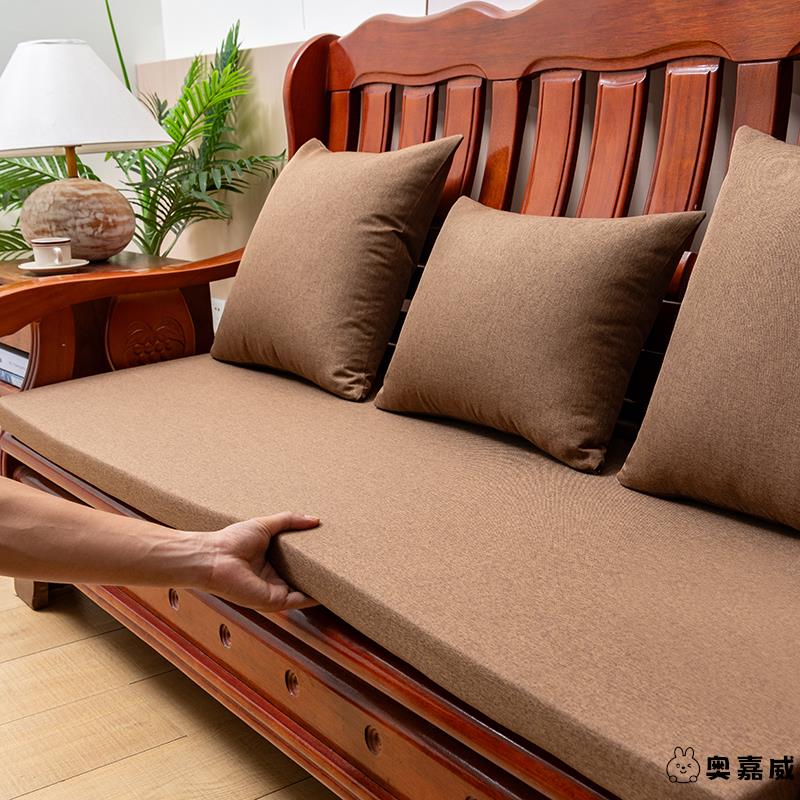 冬季实木沙发坐垫四季通用亚麻长条简约现代纯色红木椅海绵防滑垫