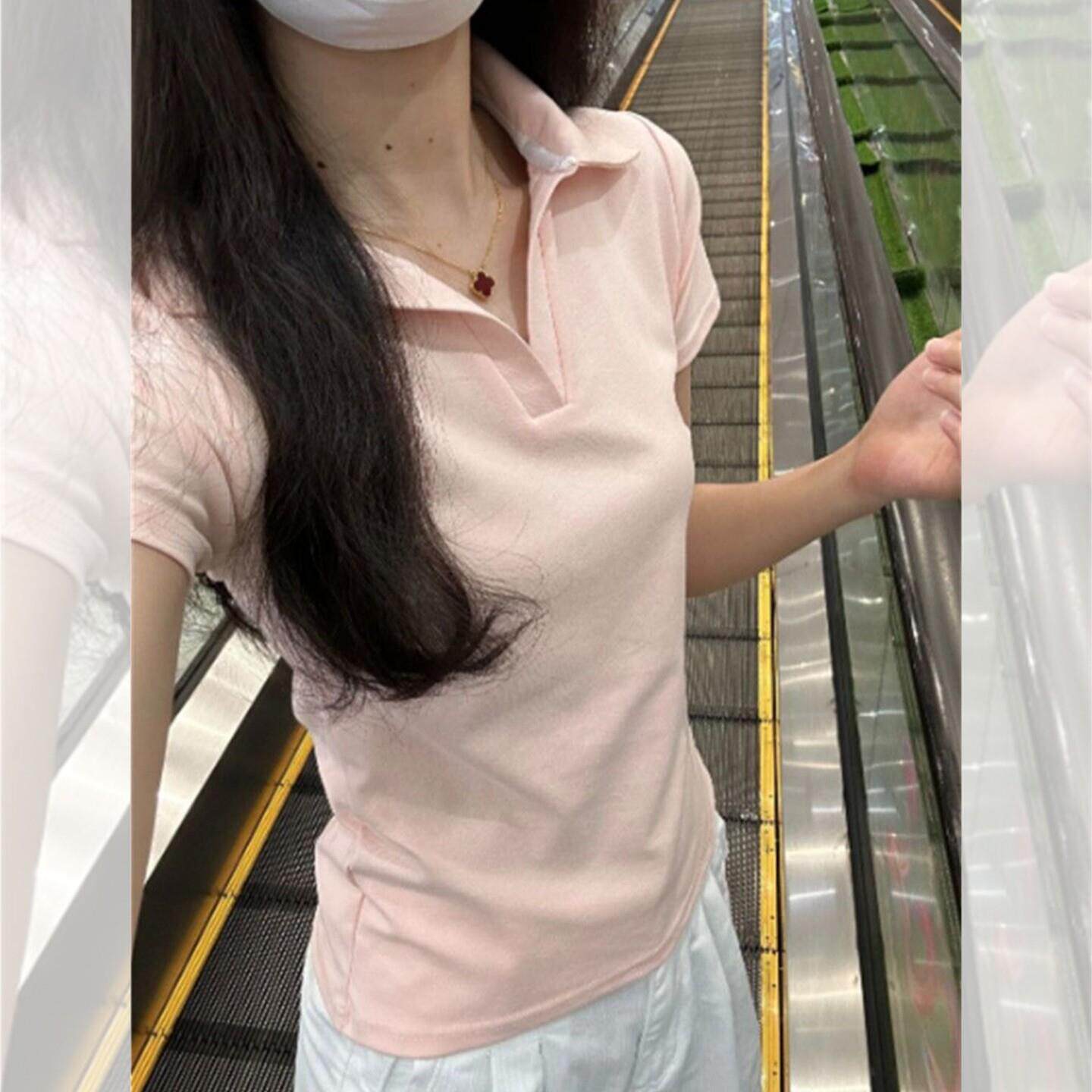 女士正肩收腰短袖polo衫纯欲t恤女翻领休闲上衣夏季掐腰修身百搭