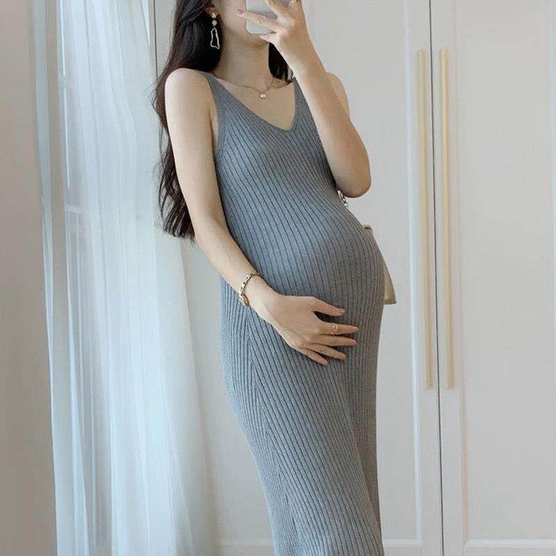 孕妇长款针织吊带连衣裙中打底背心裙内搭大码黑色女胖mm春装裙子