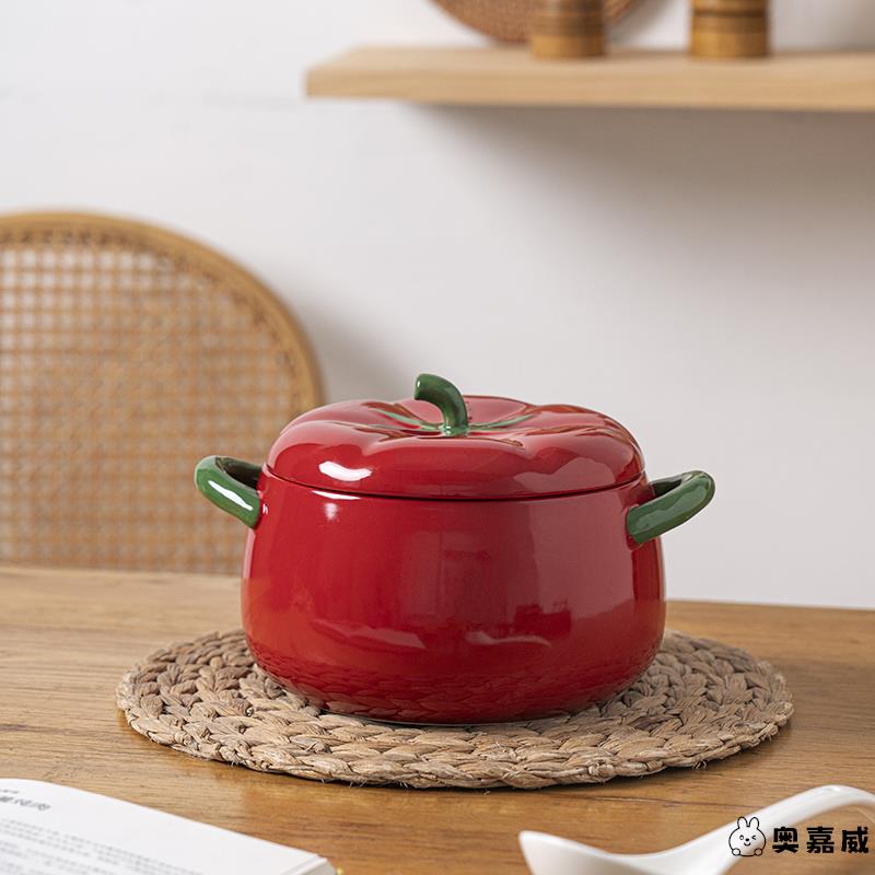 双耳带盖陶瓷碗西红柿汤碗家用嗦粉学生宿舍
