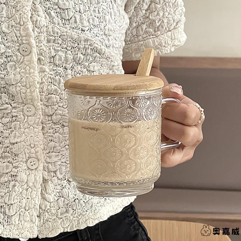 玻璃早餐杯子带把手小众ins风复古浮雕带把