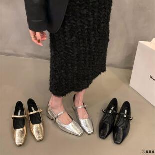 粗跟银色玛丽珍单鞋女鞋子2025新款春秋方头法式春季配裙子晚晚鞋