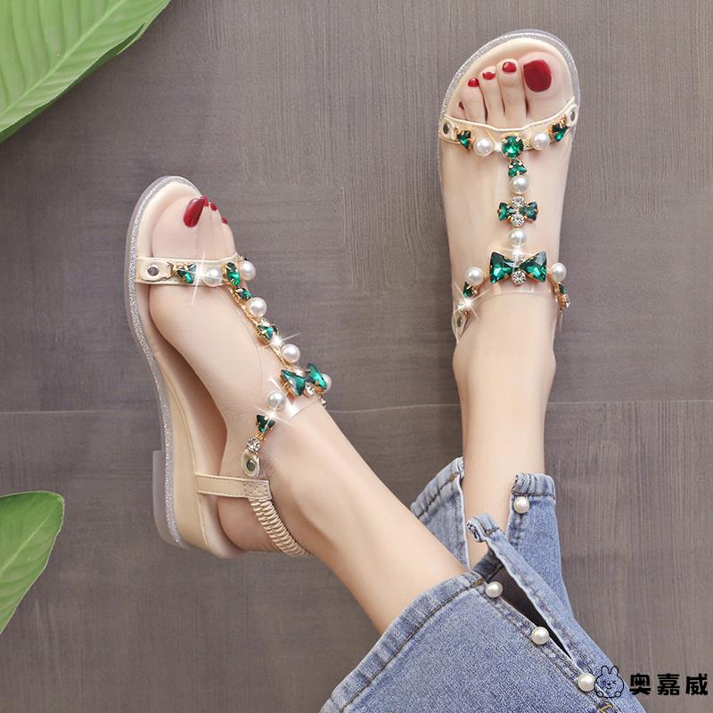 波西米亚坡跟水钻凉鞋女秋季2024新款仙女风