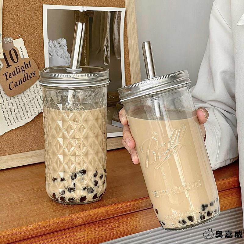 珍珠奶茶杯加粗吸管玻璃杯子风梅森杯咖啡杯大容量冷饮果汁杯