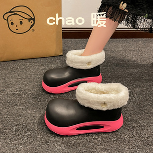 防水鞋女加绒加厚外穿2024冬款厚底增高可爱少女心包头保暖棉拖鞋