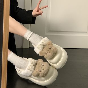 2025年秋冬新款 女外穿厚底加绒保暖休闲防滑棉拖 可爱卡通小熊拖鞋