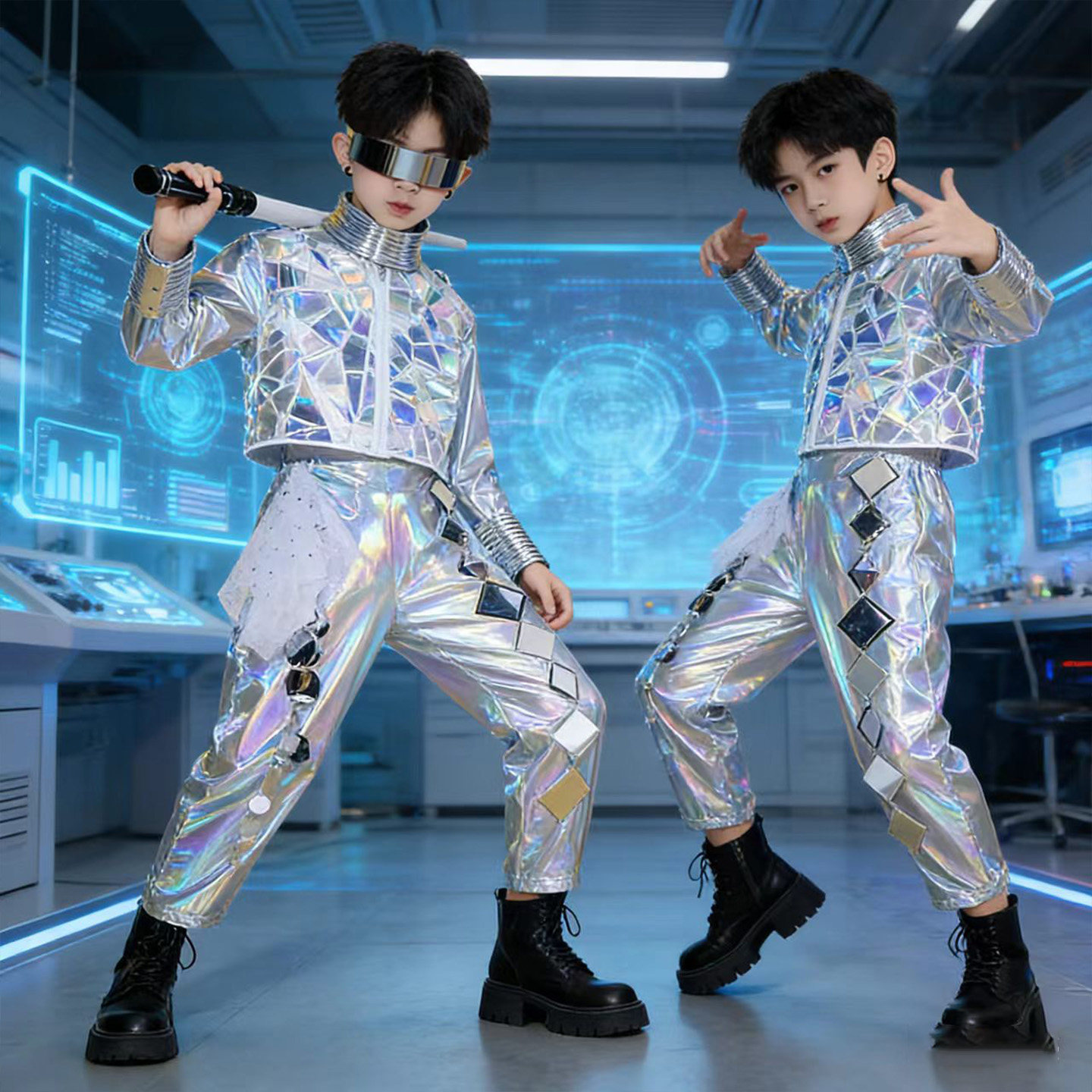 六一儿童Ai科技感太空服机器人演出服未来战士亮片嘻哈街舞表演