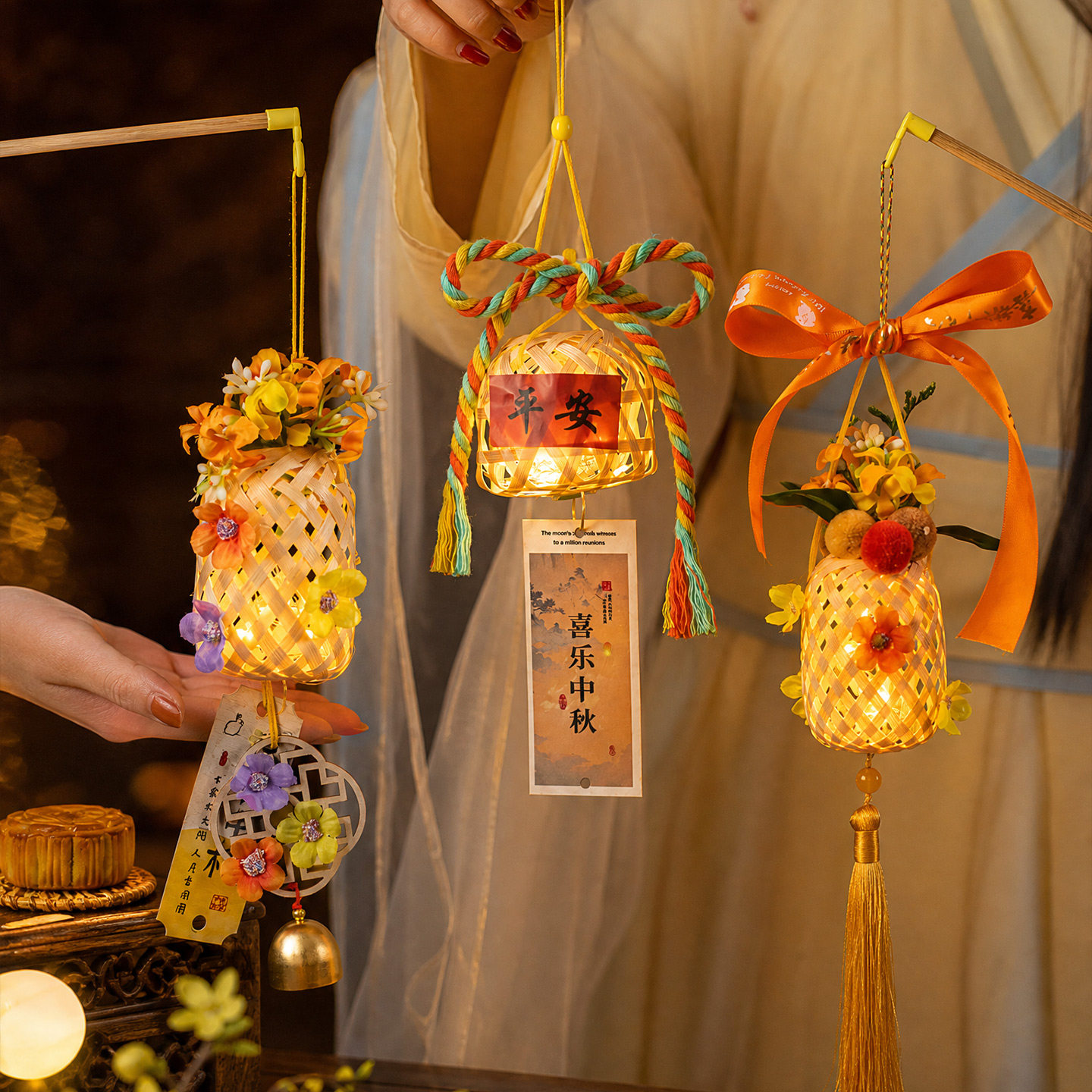 中秋节竹编手提灯笼2026年新款儿童古风汉服拍照舞蹈道具发光花灯图片