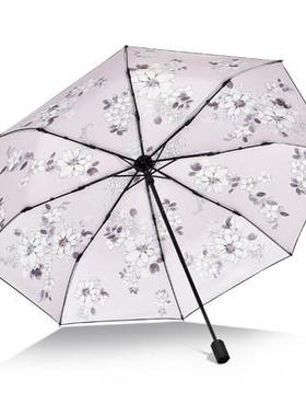 天堂伞三折黑胶防紫外线内印花小黑伞晴雨伞33338E鱼戏莲摇33623E