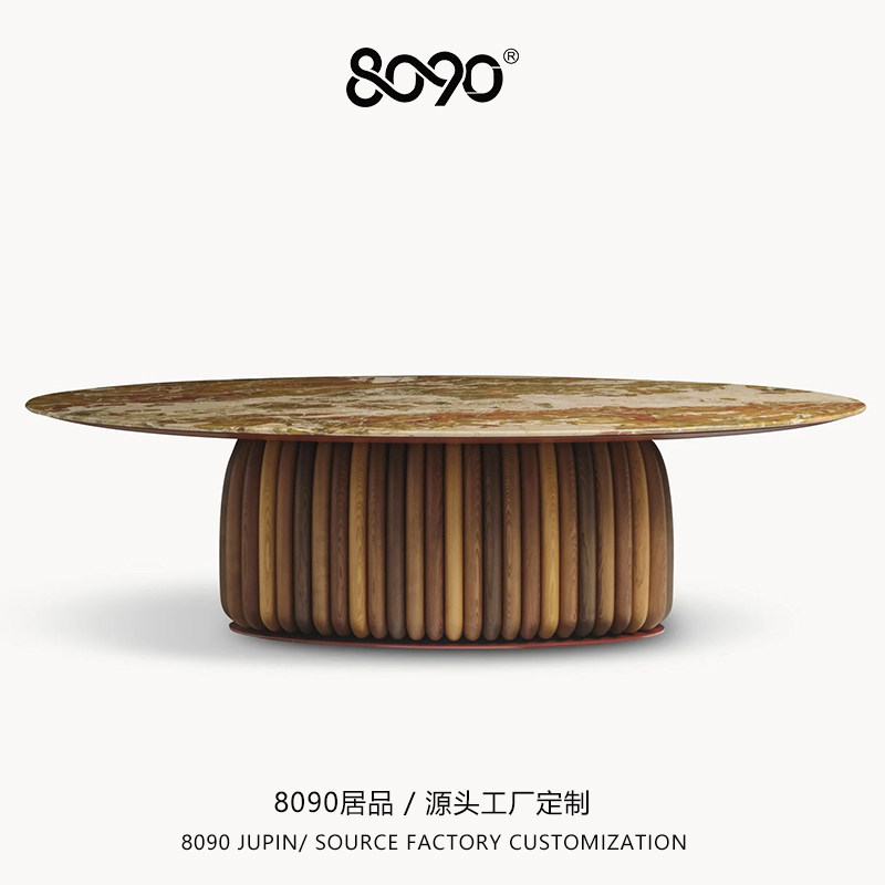8090居品意式极简大理石餐桌实木脚设计师家用餐桌椭圆形别墅餐桌