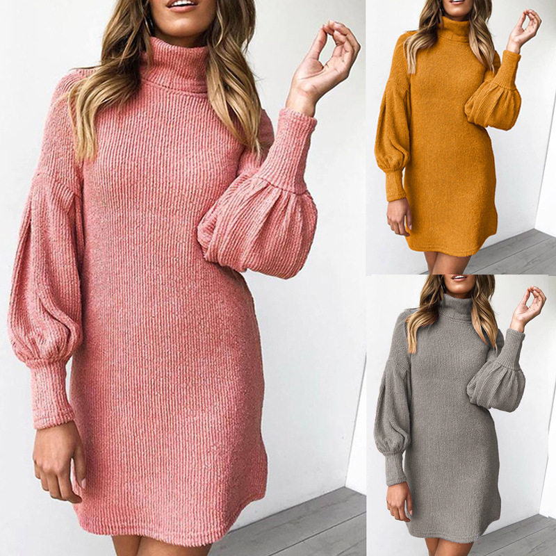 Winter round neck long sleeve package buttocks dress高领短裙
