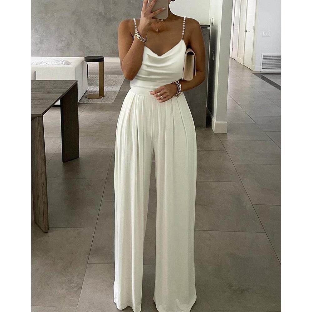Cowl Neck Spaghetti Strap Beaded Wide Leg Jumpsuit荡领连体裤