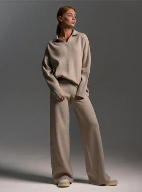 Knit lapel top wide-leg pantsuit针织翻领长袖上衣阔腿长裤套装