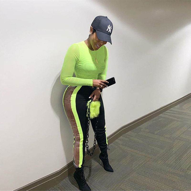 2019爆款女装荧光绿网纱连体衣紧身衣时尚长袖连体裤女