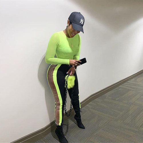 2019爆款女装荧光绿网纱连体衣紧身衣时尚长袖连体裤女