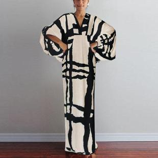 V领中袖 复古女装 印花连衣裙9734 wish宽松大码 亚马逊新款