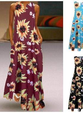 2021亚马逊wish新款时尚新款向日葵印花连衣裙 无袖长裙