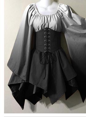 女士渐变印花复古Cosplay万圣节演出服文艺复兴中世纪连衣裙礼服