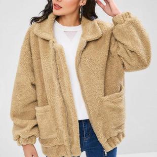 eaby长袖 卫衣有口袋9236 拉链毛绒夹克外套欧美纯色女装