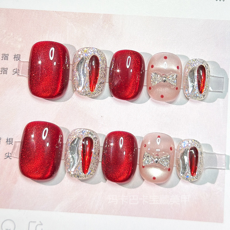 绯梦】玛卡巴卡手工穿戴甲红宝石猫眼蝴蝶结过新年美甲贴片短指甲,彩妆/香水/美妆工具,穿戴甲/甲片,淘宝优惠券,粉丝福利购,淘宝优惠卷