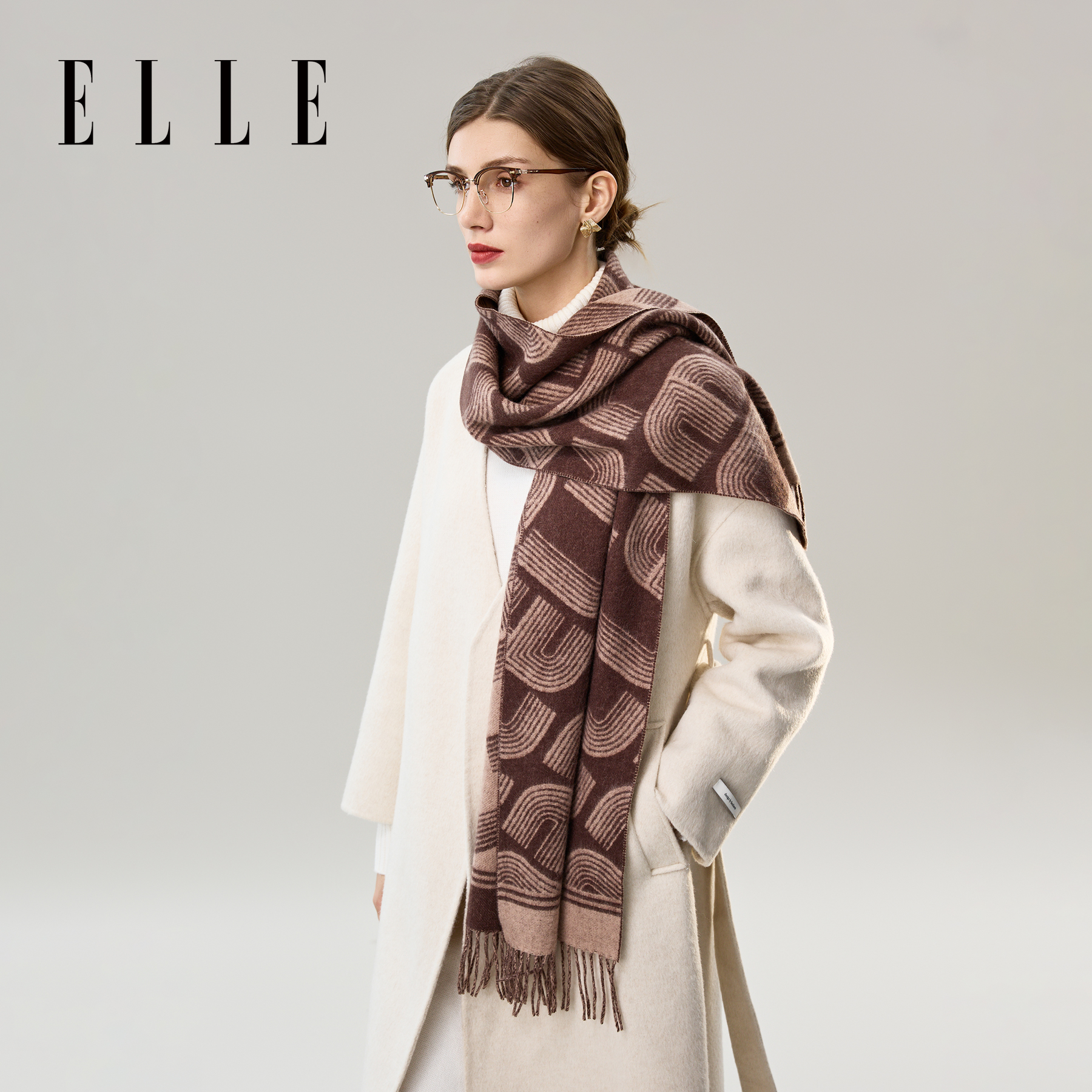 ELLE字母提花围巾秋冬100%绵羊毛