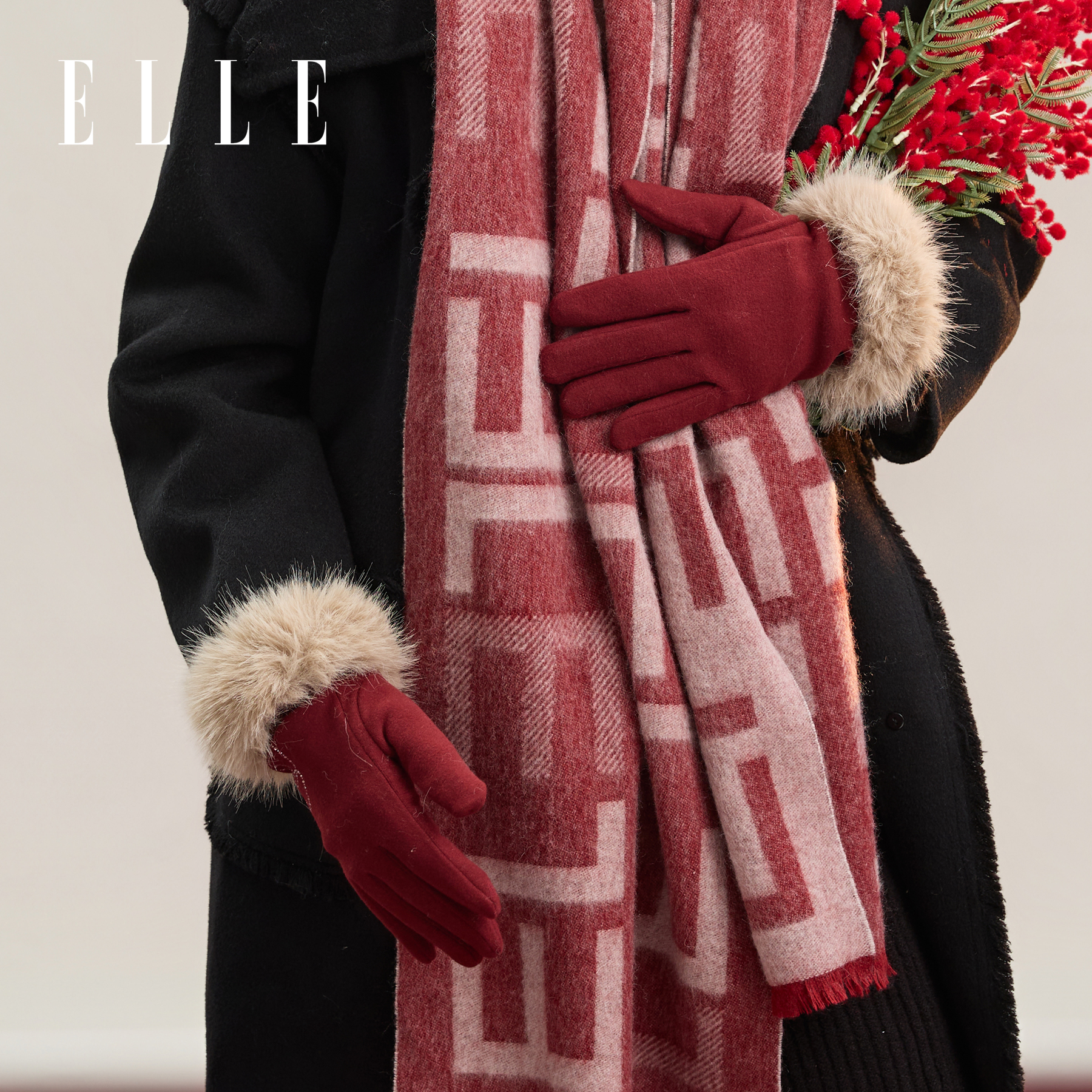 ELLE红色毛绒手套女士秋冬季保暖