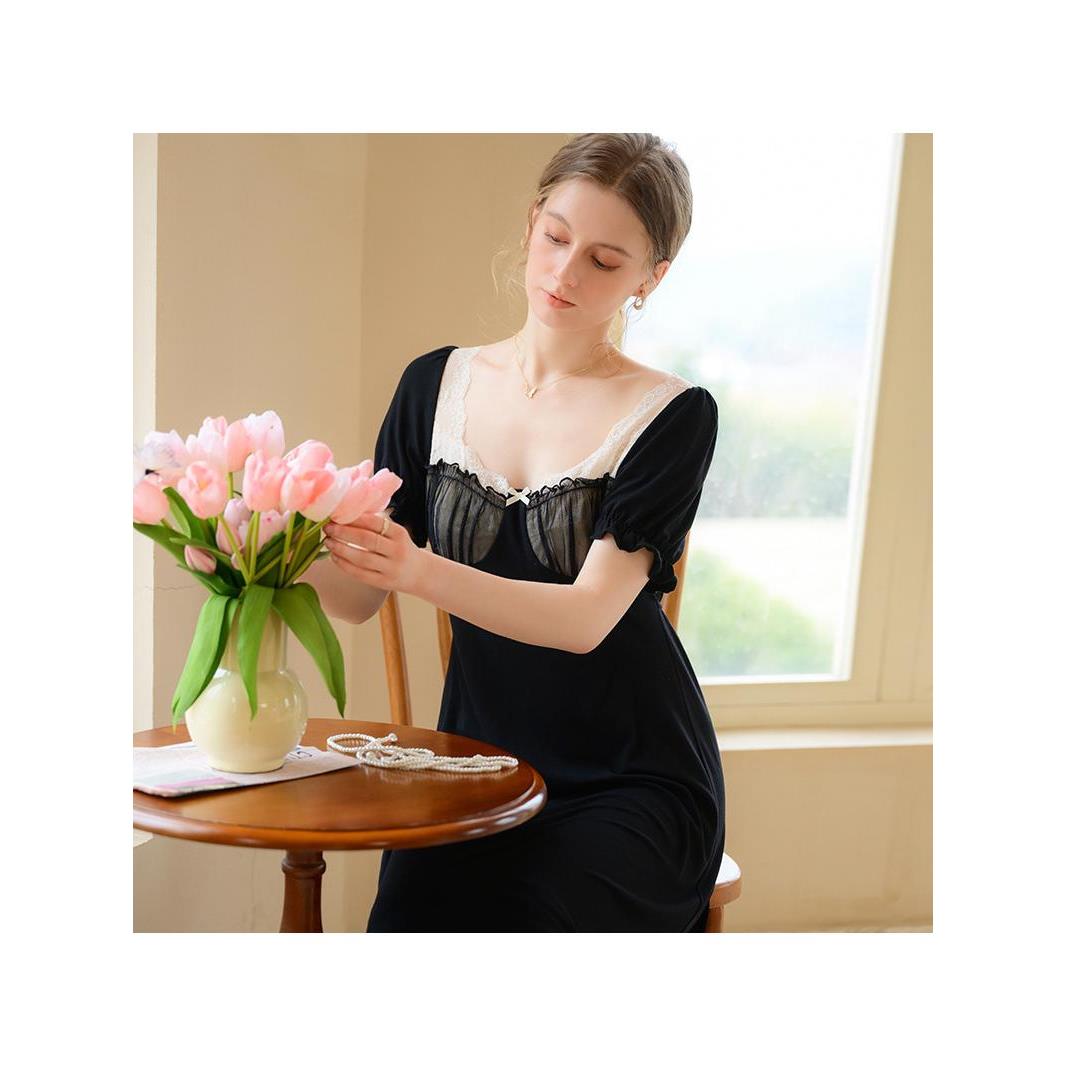 2024法式新款女士夏季高级感撞色睡裙甜美莫代尔家居连衣裙可外穿