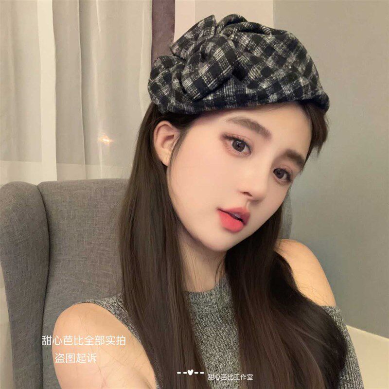 2024春上新气j质毛呢小帽子发箍黑色气质甜美蝴蝶结发卡发饰头饰